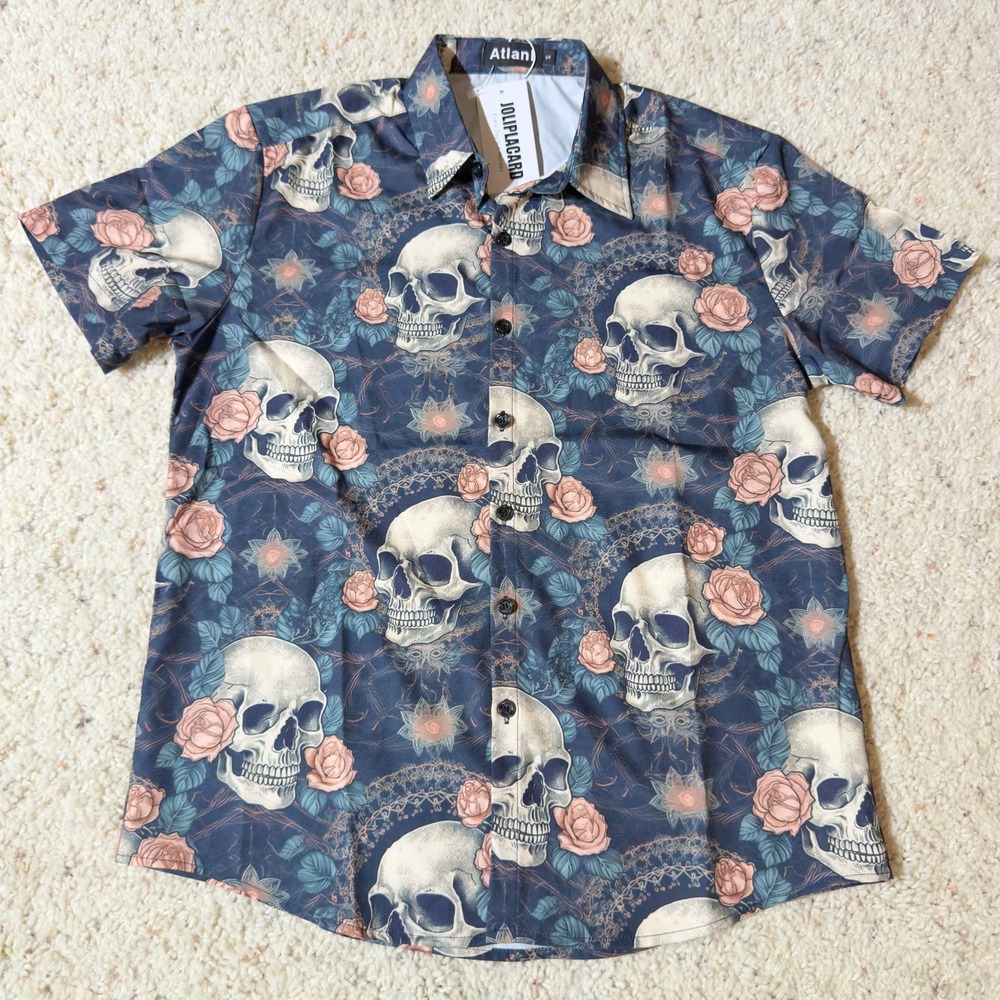 Atlani JOLIPLACARD Skull Rose Print Short Sleeve Button Up‎ Shirt